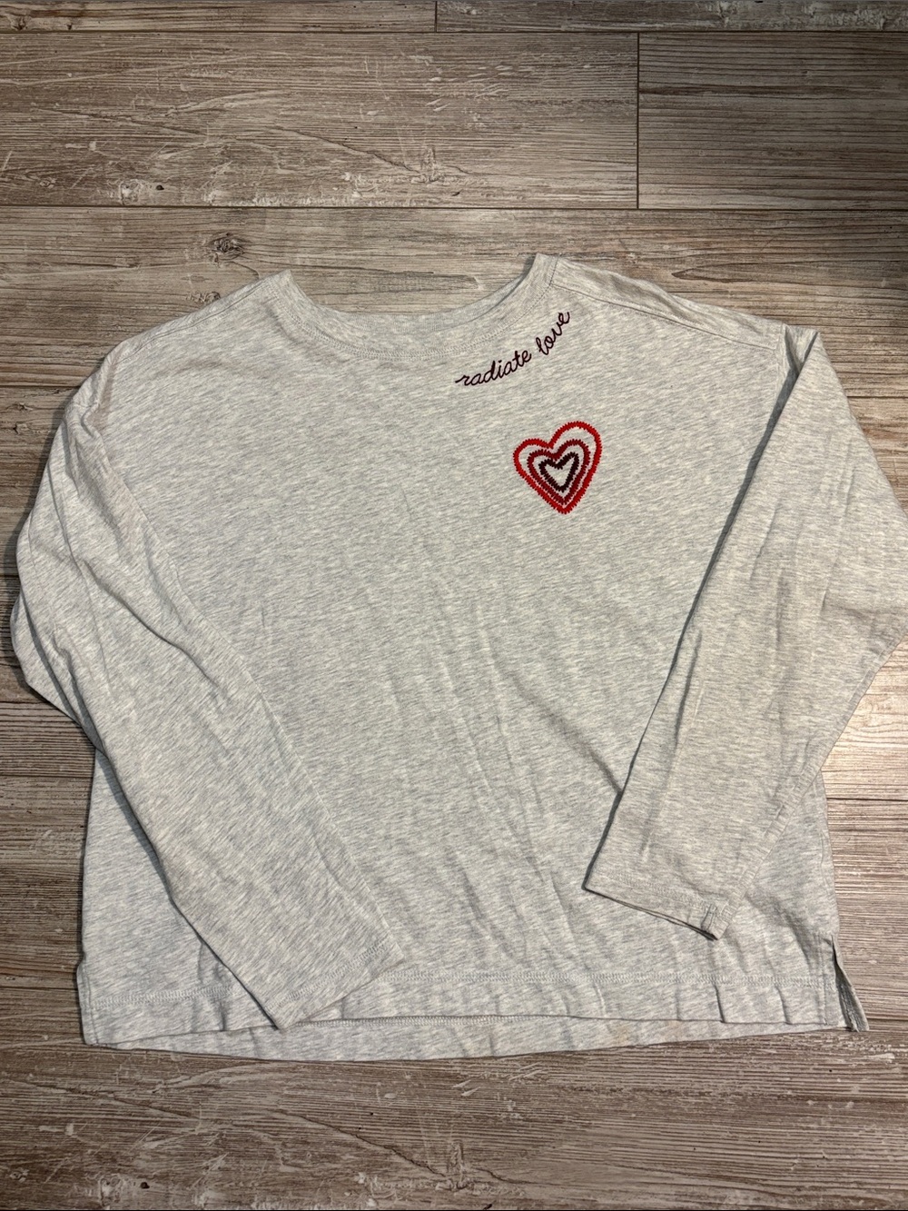 Old Navy Light Gray Long-Sleeve Tee with “radiate love” Heart Detail